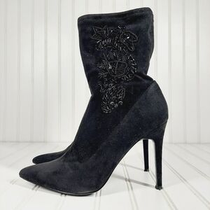 Nina New York Black Leather Sequenced Pointed Toe Booties A 594